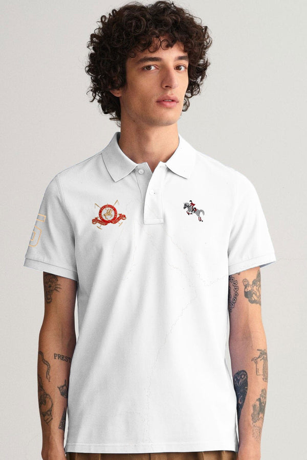 elo Polo Republica Men's Horse Rider & 5 Embroidered Short Sleeve Polo Shirt White
