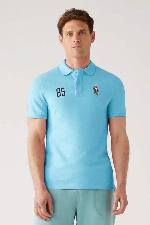 Elo Polo Republica Men's Horse Rider & 85 Embroidered Short Sleeve Polo Shirt Aqua Blue