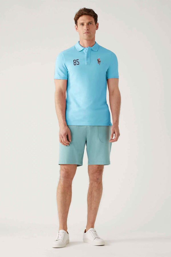 Elo Polo Republica Men's Horse Rider & 85 Embroidered Short Sleeve Polo Shirt Aqua Blue