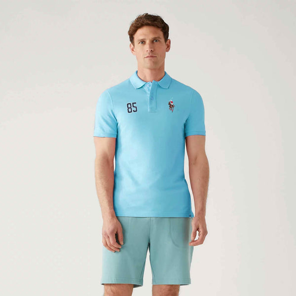 elo Polo Republica Men's Horse Rider & 85 Embroidered Short Sleeve Polo Shirt Aqua Blue