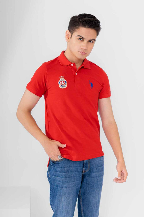 elo Polo Republica Men's Horse Rider & Crest Embroidered Short Sleeve Polo Shirt Red