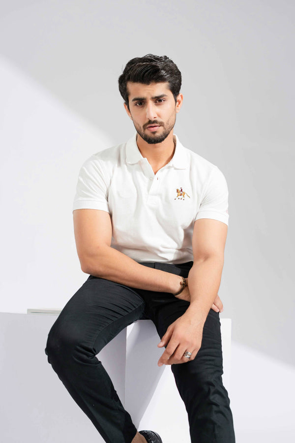 elo Polo Republica Men's Horse Rider Embroidered Short Sleeve Polo Shirt Off White