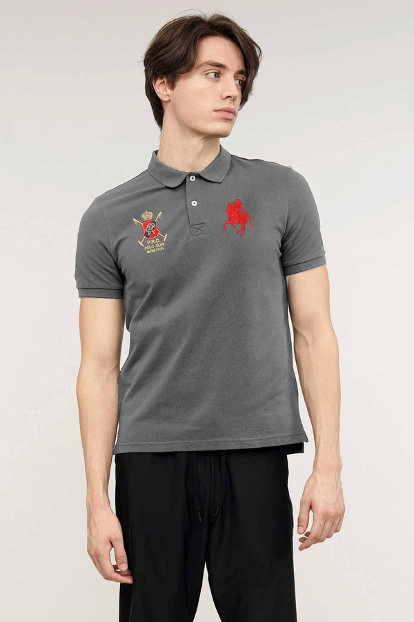 Elo Polo Republica Men's Horse Rider & PR Crest Embroidered Short Sleeve Polo Shirt Graphite