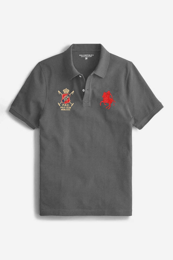Elo Polo Republica Men's Horse Rider & PR Crest Embroidered Short Sleeve Polo Shirt Graphite