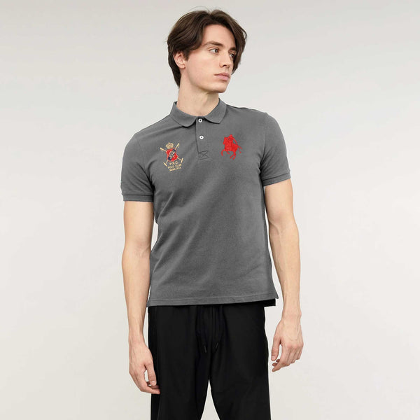 elo Polo Republica Men's Horse Rider & PR Crest Embroidered Short Sleeve Polo Shirt Graphite