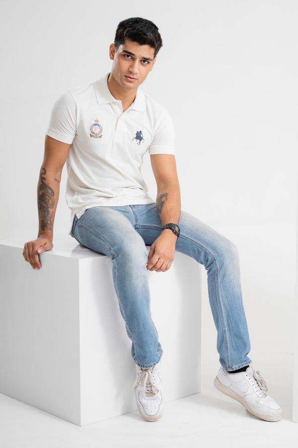 Elo Polo Republica Men's Horse Rider & PRC Crest Embroidered Short Sleeve Polo Shirt Off White