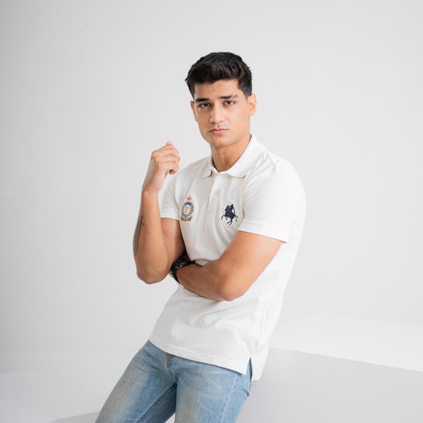 Elo Polo Republica Men's Horse Rider & PRC Crest Embroidered Short Sleeve Polo Shirt Off White