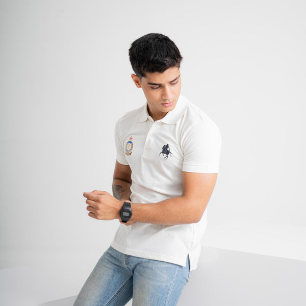 Elo Polo Republica Men's Horse Rider & PRC Crest Embroidered Short Sleeve Polo Shirt Off White