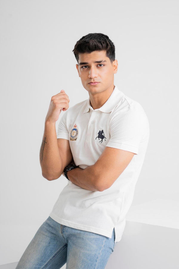 elo Polo Republica Men's Horse Rider & PRC Crest Embroidered Short Sleeve Polo Shirt Off White