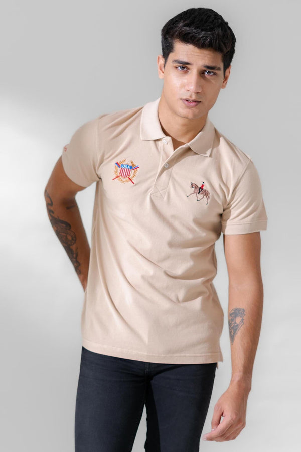 Elo Polo Republica Men's Horse Rider & USA Crest Embroidered Short Sleeve Polo Shirt Off White
