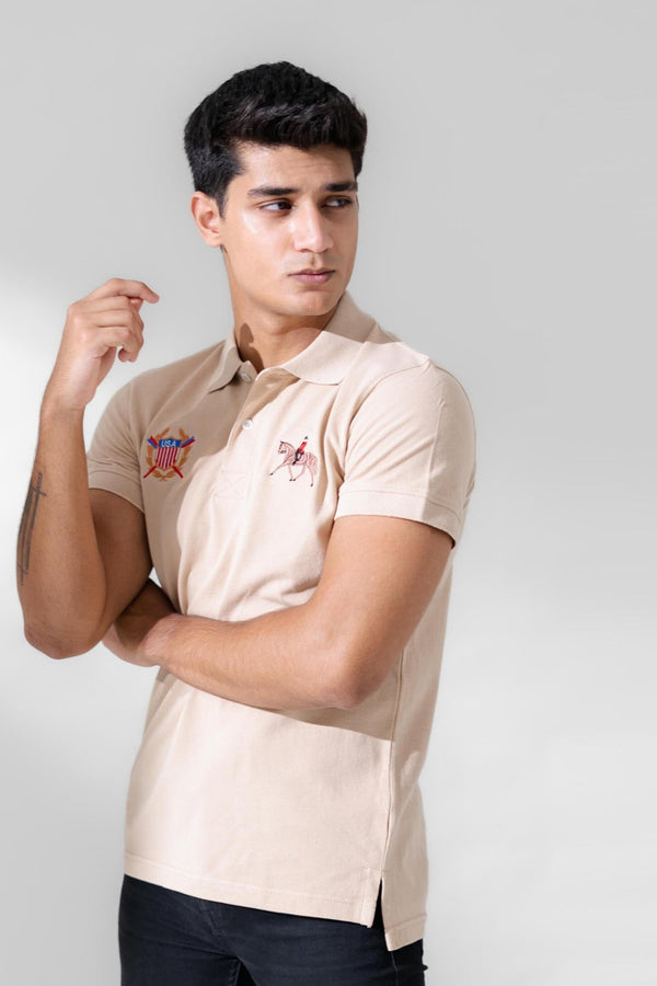 Elo Polo Republica Men's Horse Rider & USA Crest Embroidered Short Sleeve Polo Shirt Off White