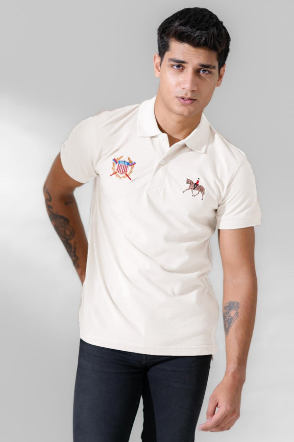 elo Polo Republica Men's Horse Rider & USA Crest Embroidered Short Sleeve Polo Shirt Off White