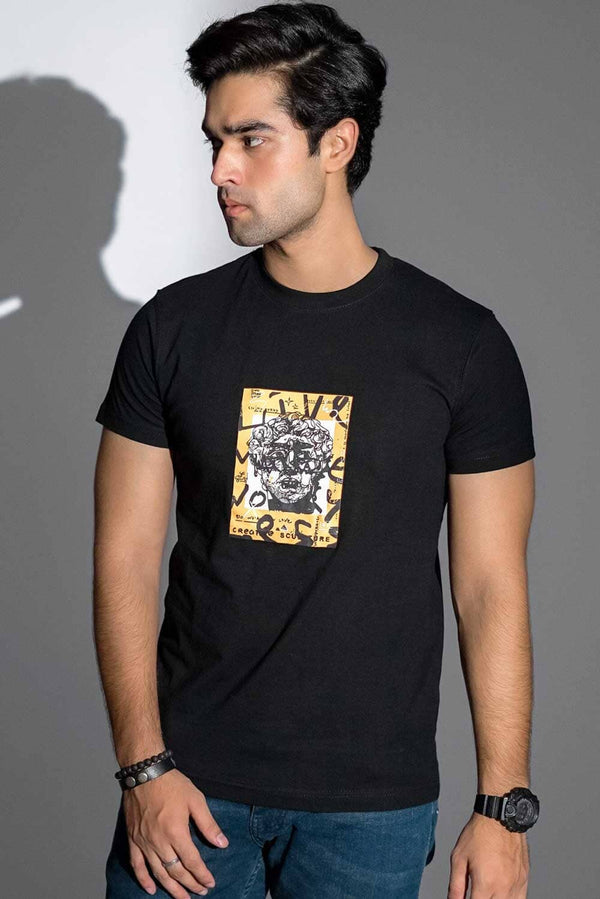 Elo Polo Republica Men's Live More Worry Printed Crew Neck Tee Shirt Black