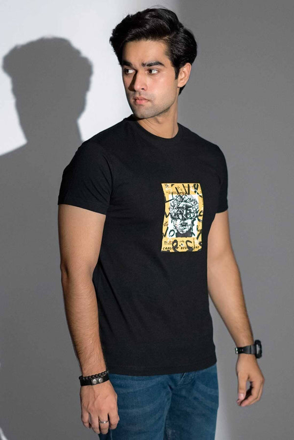 Elo Polo Republica Men's Live More Worry Printed Crew Neck Tee Shirt Black