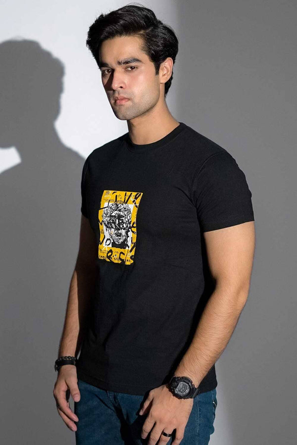 elo Polo Republica Men's Live More Worry Printed Crew Neck Tee Shirt Black