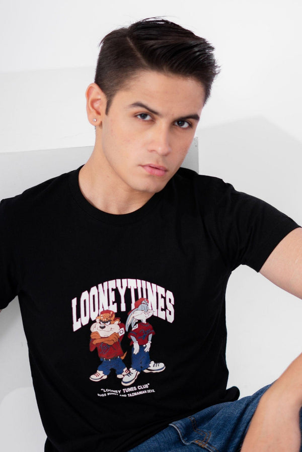 Elo Polo Republica Men's Looney Tunes Printed Crew Neck Tee Shirt Black