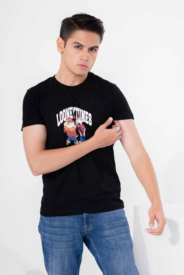 elo Polo Republica Men's Looney Tunes Printed Crew Neck Tee Shirt Black