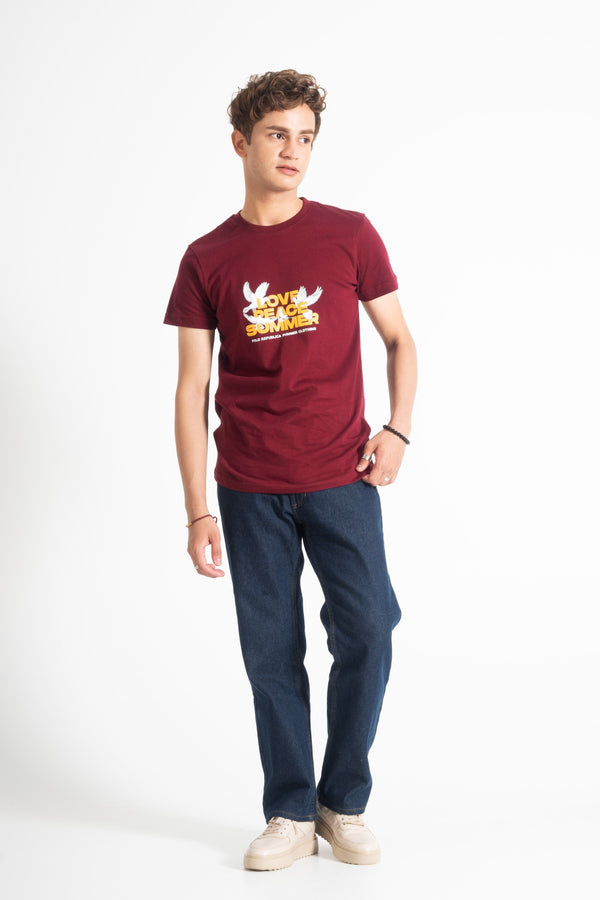 Elo Polo Republica Men's Love Peace Summer Printed Crew Neck Tee Shirt Maroon