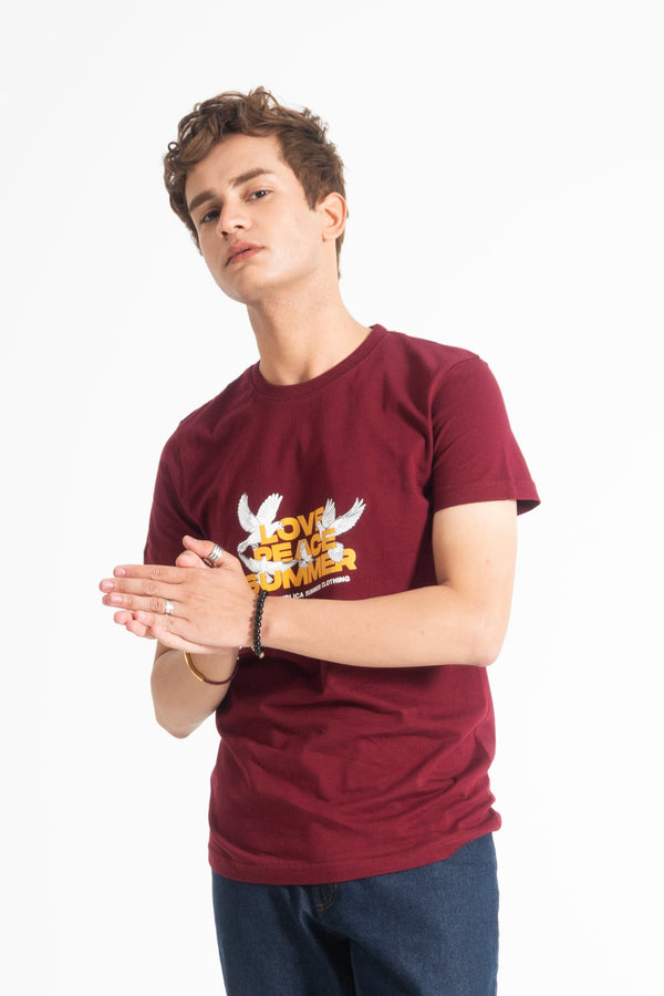 Elo Polo Republica Men's Love Peace Summer Printed Crew Neck Tee Shirt Maroon