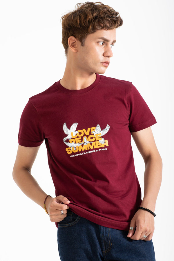 elo Polo Republica Men's Love Peace Summer Printed Crew Neck Tee Shirt Maroon