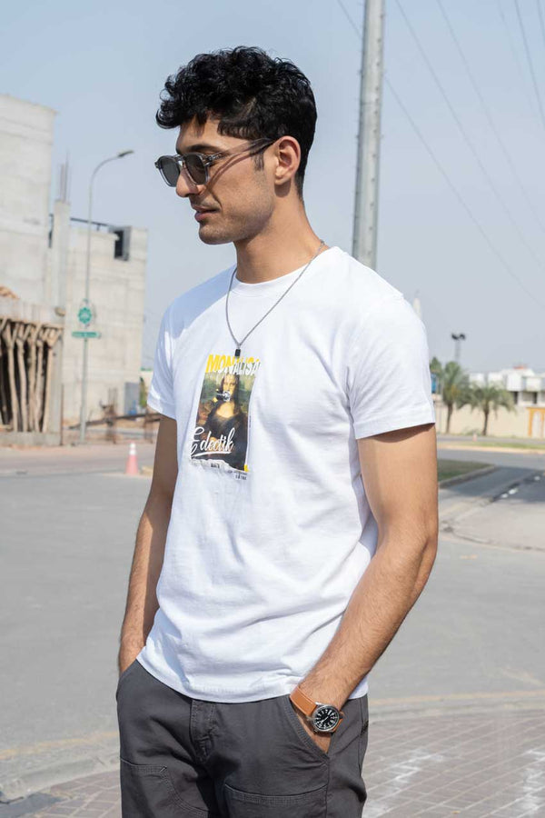 Elo Polo Republica Men's Mona Lisa Printed Crew Neck Tee Shirt White
