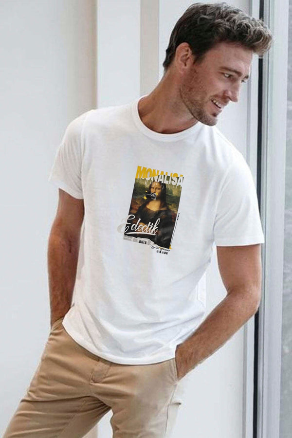 elo Polo Republica Men's Mona Lisa Printed Crew Neck Tee Shirt White