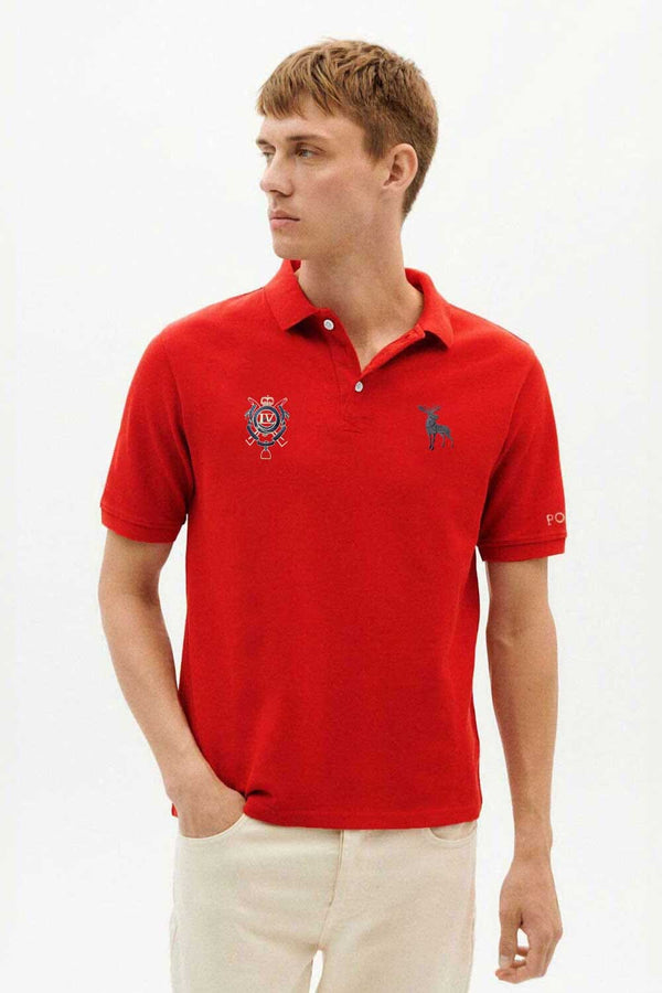 elo Polo Republica Men's Moose & Crest Embroidered Short Sleeve Polo Shirt Red