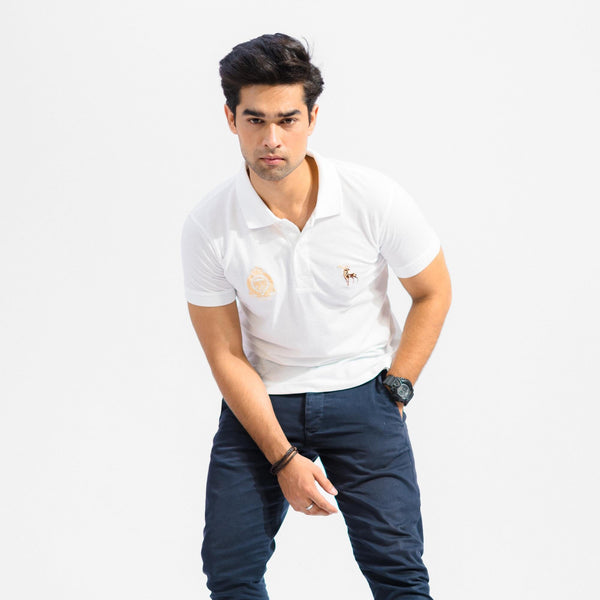 elo Polo Republica Men's Moose & Crown Crest Embroidered Short Sleeve Polo Shirt White
