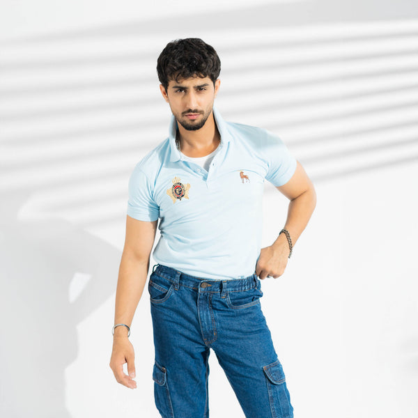 elo Polo Republica Men's Moose & PRC Crest Embroidered Short Sleeve Polo Shirt Sky