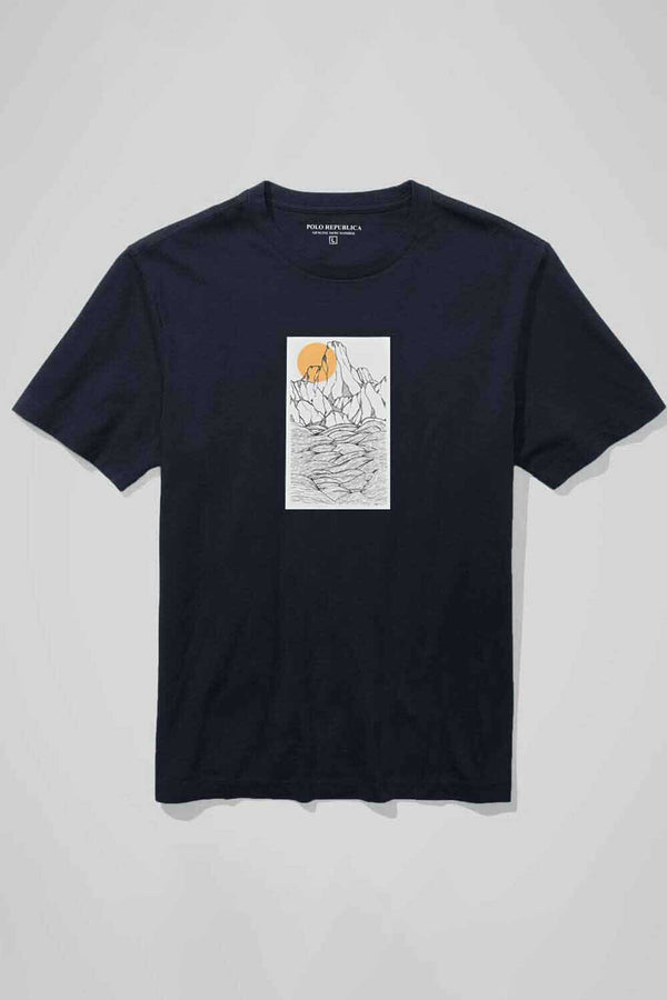 elo Polo Republica Men's Mountain Sun Printed Crew Neck Tee Shirt Navy