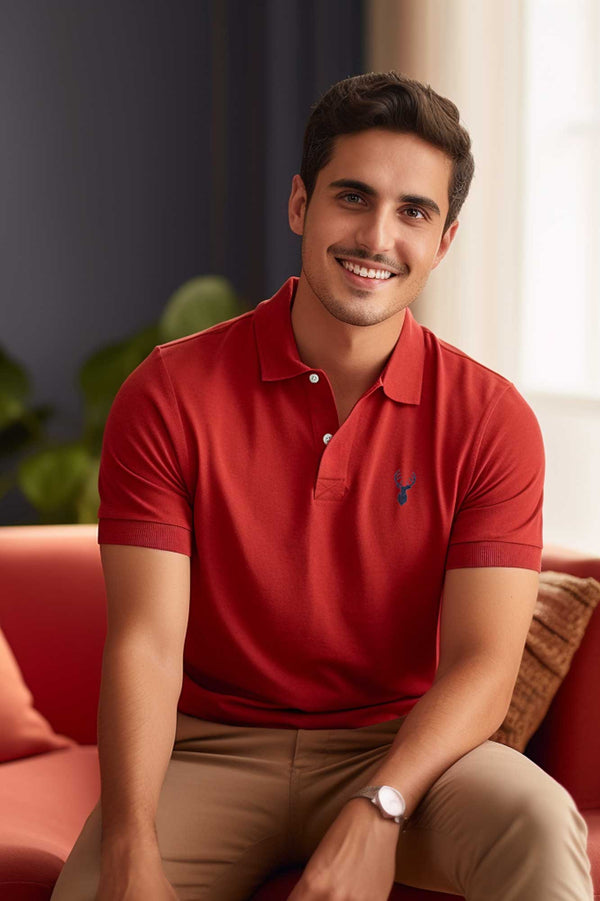 elo Polo Republica Men's Noble Deer Embroidered Short Sleeve Polo Shirt Red