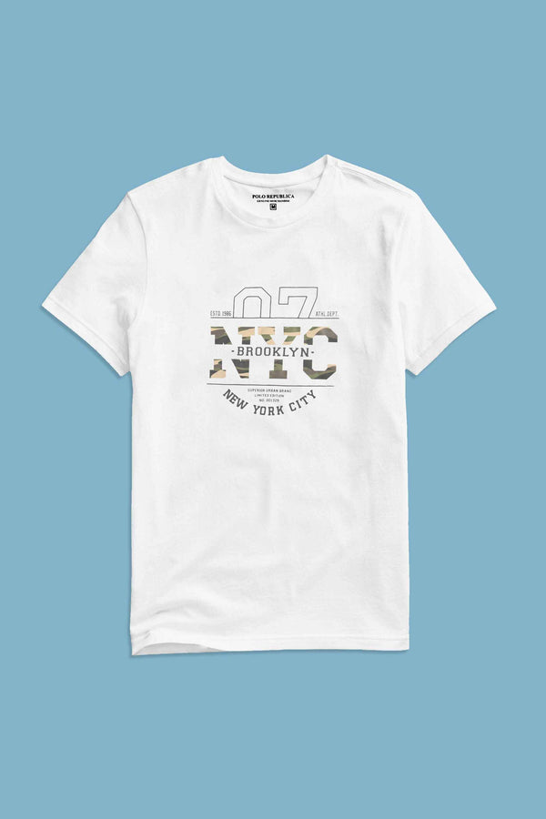 Elo Polo Republica Men's NYC 7 Printed Short Sleeve Tee Shirt White