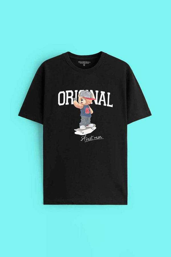 Elo Polo Republica Men's Original Bear Printed Short Sleeve Tee Shirt Black