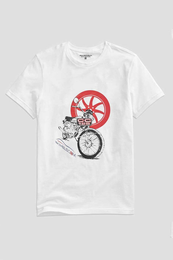 Elo Polo Republica Men's PakWheels CG 125 Printed Crew Neck Tee Shirt White