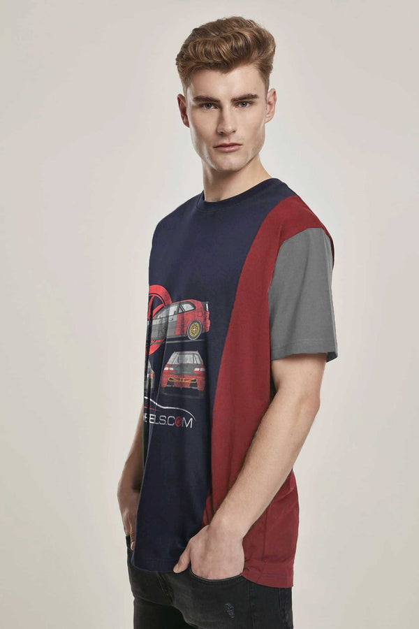 Elo Polo Republica Men's PakWheels Civic Printed Contrast Panel Oversized Crew Neck Tee Shirt Navy & Maroon