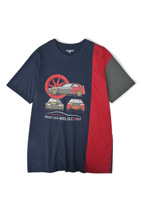 Elo Polo Republica Men's PakWheels Civic Printed Contrast Panel Oversized Crew Neck Tee Shirt Navy & Maroon