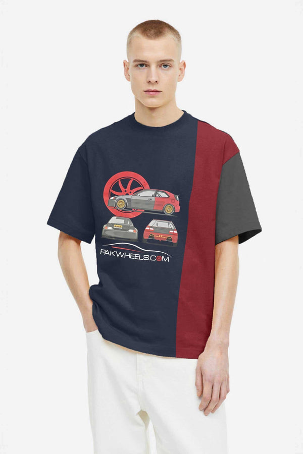 elo Polo Republica Men's PakWheels Civic Printed Contrast Panel Oversized Crew Neck Tee Shirt Navy & Maroon