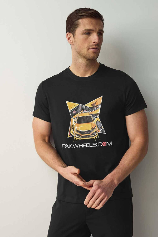 elo Polo Republica Men's PakWheels Civic TYP R Printed Short Sleeve Tee Shirt Black