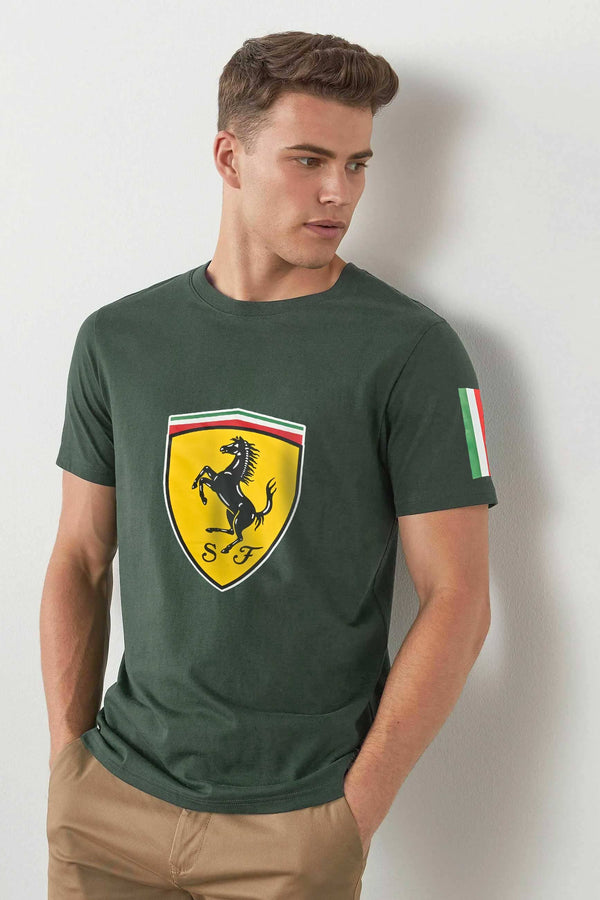 Elo Polo Republica Men's PakWheels Ferrari Printed Crew Neck Tee Shirt Dark Olive