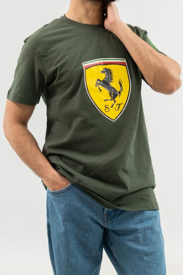 Elo Polo Republica Men's PakWheels Ferrari Printed Crew Neck Tee Shirt Dark Olive