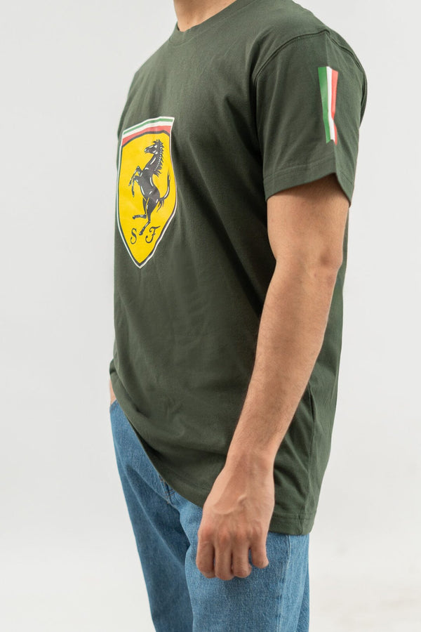 Elo Polo Republica Men's PakWheels Ferrari Printed Crew Neck Tee Shirt Dark Olive
