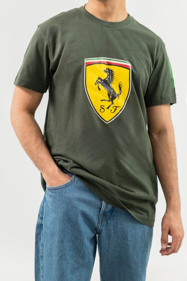 elo Polo Republica Men's PakWheels Ferrari Printed Crew Neck Tee Shirt Dark Olive