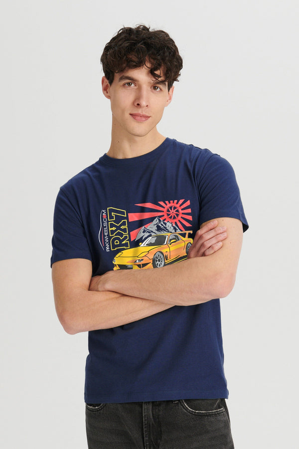 elo Polo Republica Men's PakWheels RX7 Printed Short Sleeve Tee Shirt Navy
