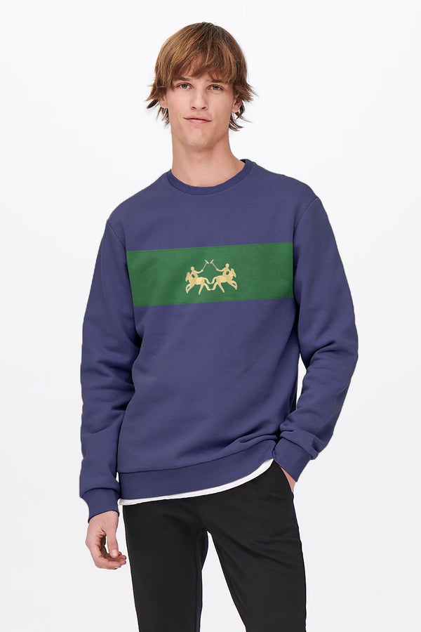 elo Polo Republica Men's Panel Design Double Horse Embroidered Fleece Sweat Shirt Navy & Bottle Green
