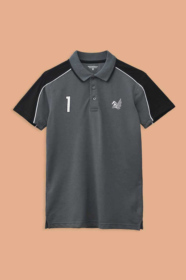 Elo Polo Republica Men's Pegasus & 1 Embroidered Contrast Panels Polo Shirt Slate Grey & Black