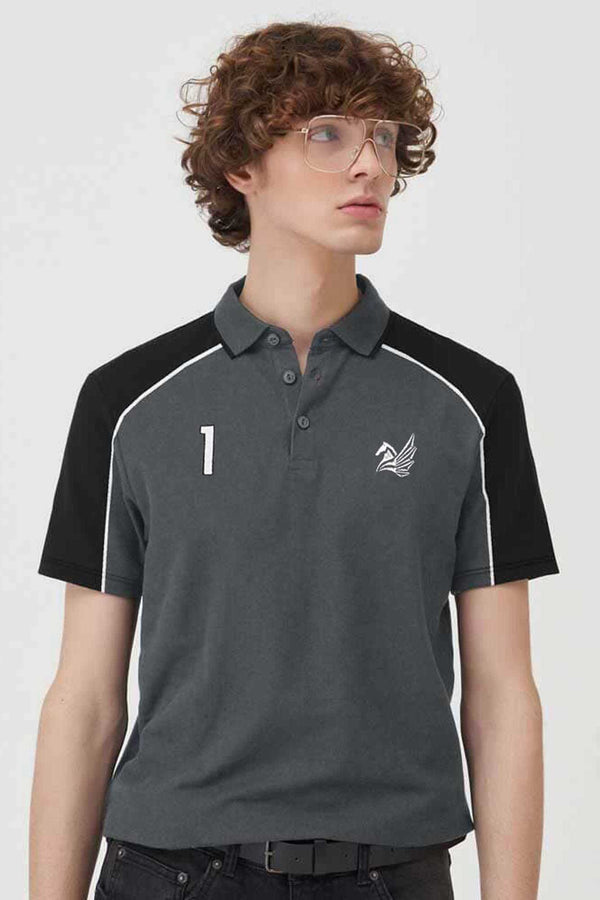 elo Polo Republica Men's Pegasus & 1 Embroidered Contrast Panels Polo Shirt Slate Grey & Black