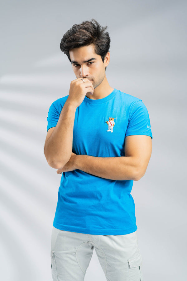 elo Polo Republica Men's Polo Bears & 5 Embroidered Crew Neck Tee Shirt Turquoise Blue
