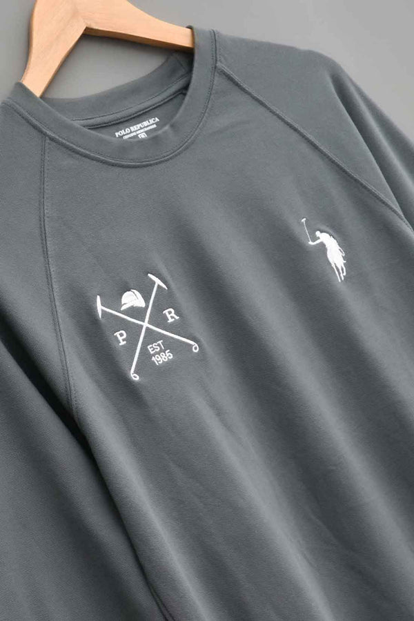Elo Polo Republica Men's Pony & Mallets Embroidered Raglan Long Sleeve Pique Tee Shirt Slate Grey
