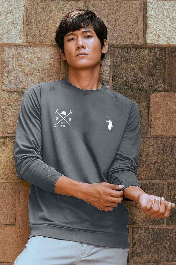 elo Polo Republica Men's Pony & Mallets Embroidered Raglan Long Sleeve Pique Tee Shirt Slate Grey