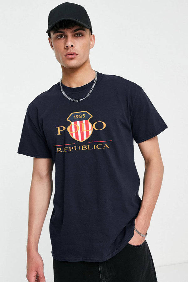 elo Polo Republica Men's PR Badge 1985 Printed Crew Neck Tee Shirt Navy